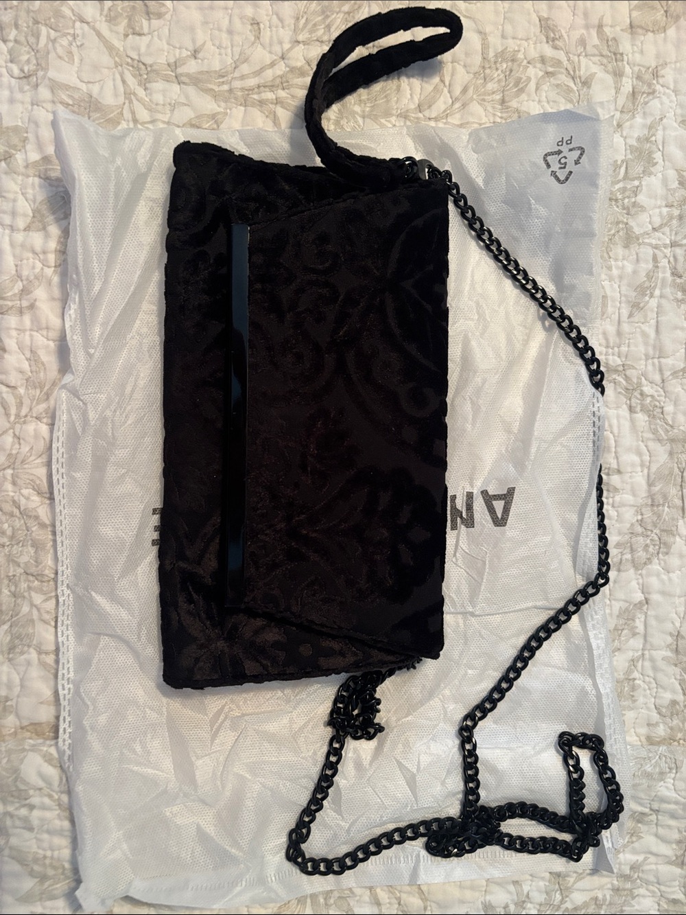 White House Black Market Black Velvet Clutch with Chain